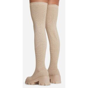 WOMENS CHUNKY LUG SOLE THIGH HIGH SOCK BOOTS NUDE SIZE 9